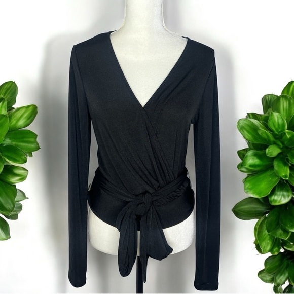 Good American Shimmer Wrap V Neck Top Size 2 Long Sleeve Waist Tie Detail Shirt - Picture 3 of 14
